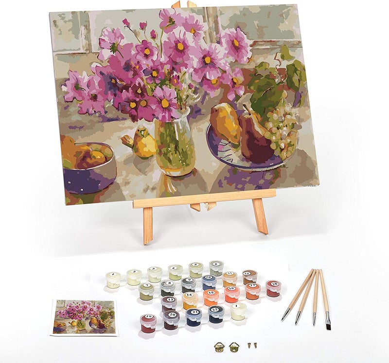 Ledgebay DIY Paint by Numbers Kit for Adults Framed Canvas Beginner to Advanced Paint by Numbers Kit, Kits Include Acrylic Paint set, Brushes & Tabletop Easel (Cosmos from The Garden 12" x 16" Framed) - Image 1